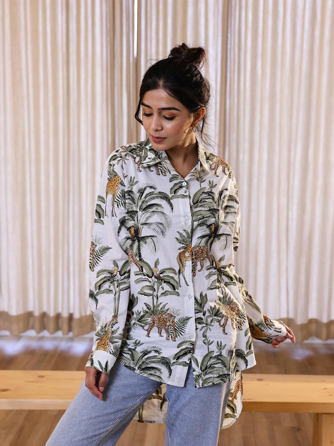 

FLAVIA CREATION Women Spread Collar Conversational Printed Cotton Casual Shirt, White
