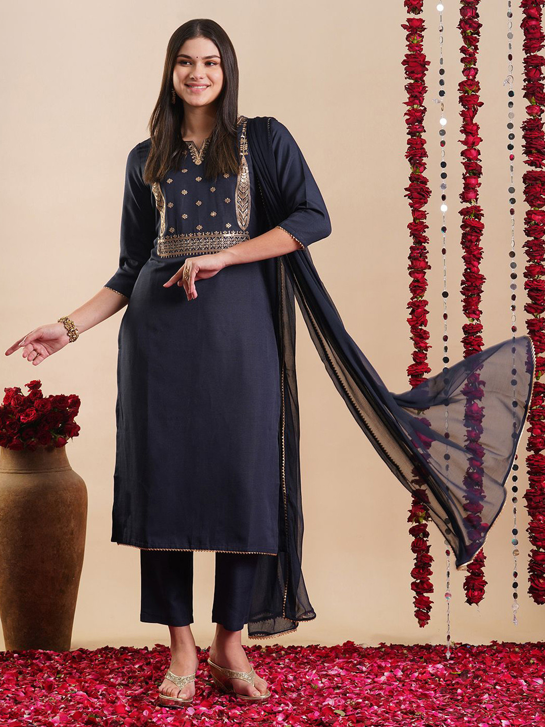 

KALINI Floral Embroidered Notch Neck Straight Kurta With Trousers & Dupatta, Grey