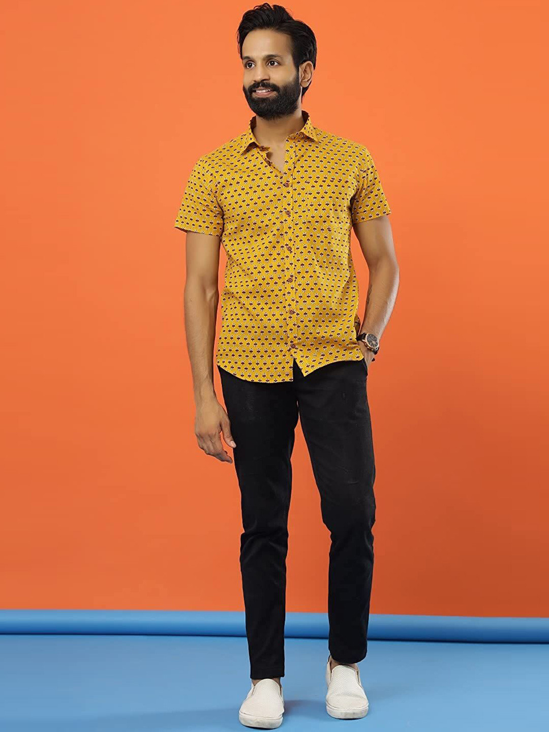 

SAY Men Classic Ethnic Printed Spread Collar Casual Shirt, Mustard