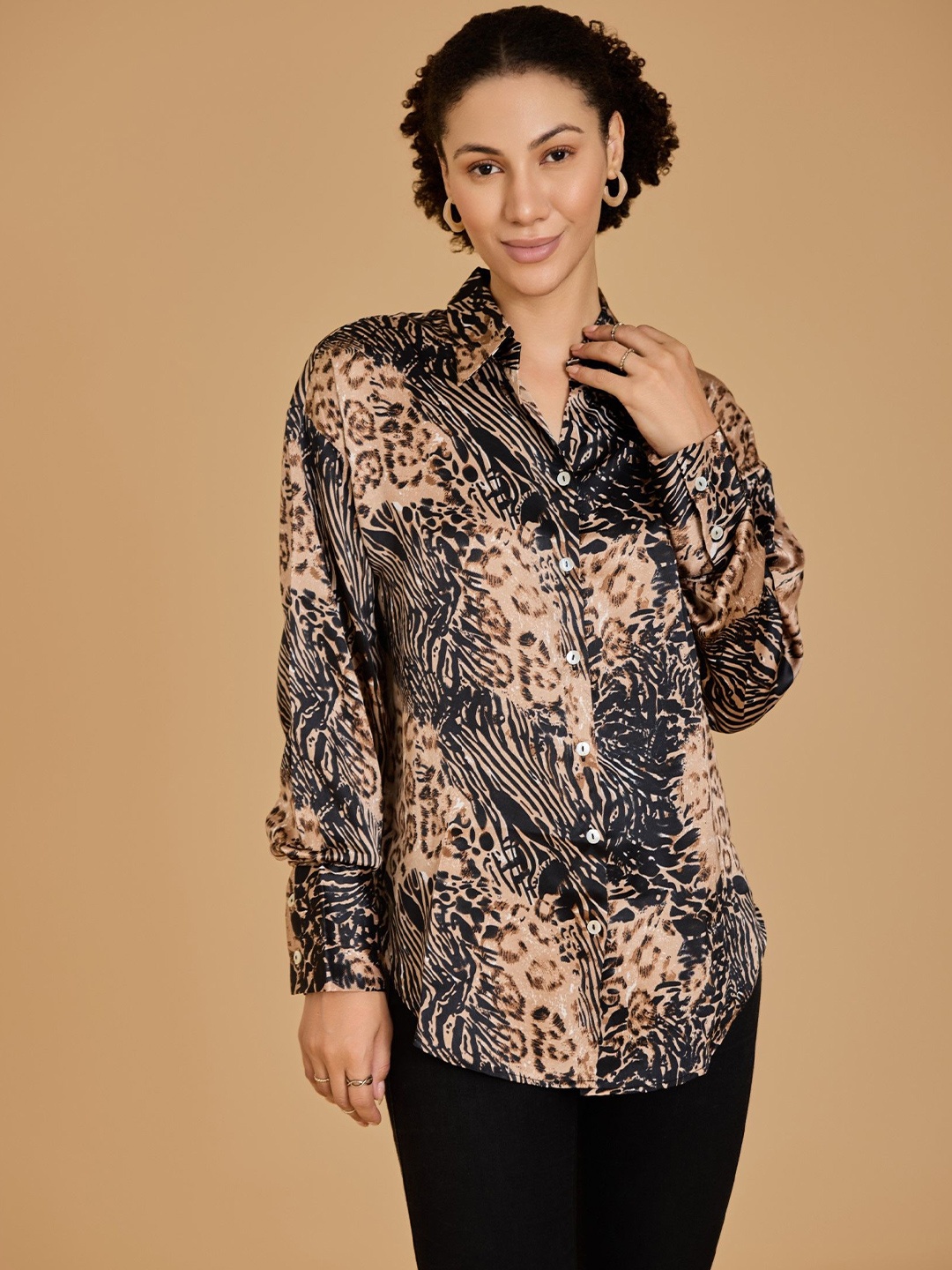 

Urban Sundari Women Animal Printed Satin Shirt, Brown