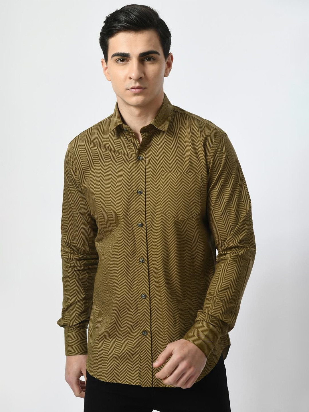 

PEBCO Men Classic Spread Collar Geometric Printed Cotton Slim Fit Casual Shirt, Green