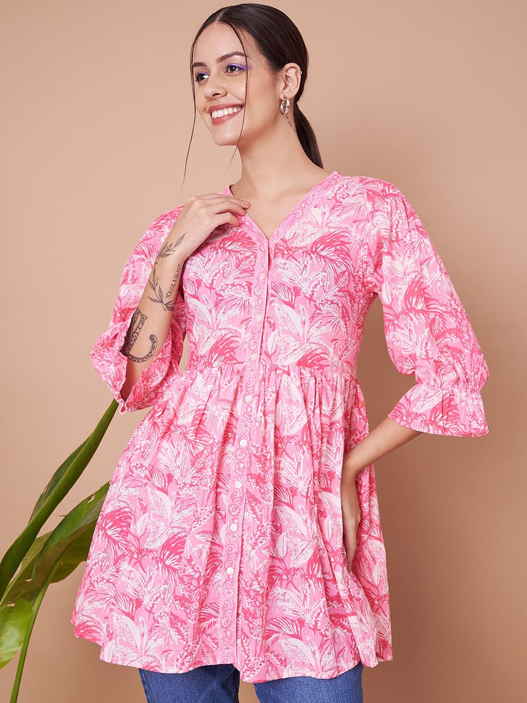 

FABRIC FITOOR Floral Print Cotton Peplum Longline Top, Pink