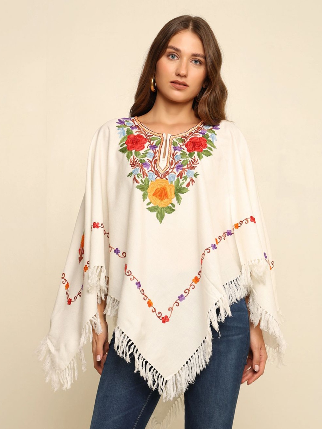 

CRAFTBAZAR Women Embroidered Poncho with Embroidered Detail, White