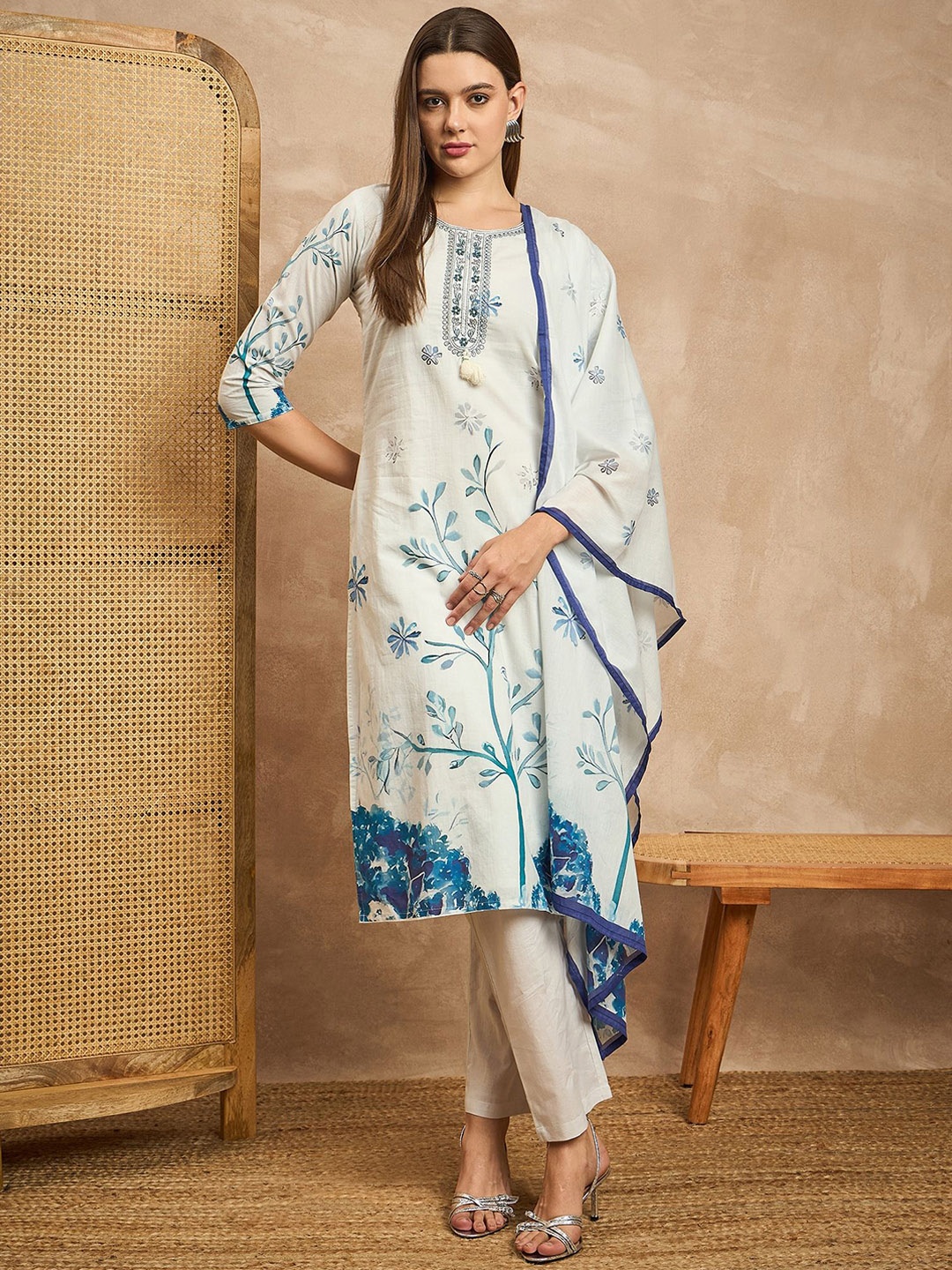 

all about you White Printed Round Neck PureCotton Straight Kurta with Trouser & Dupatta