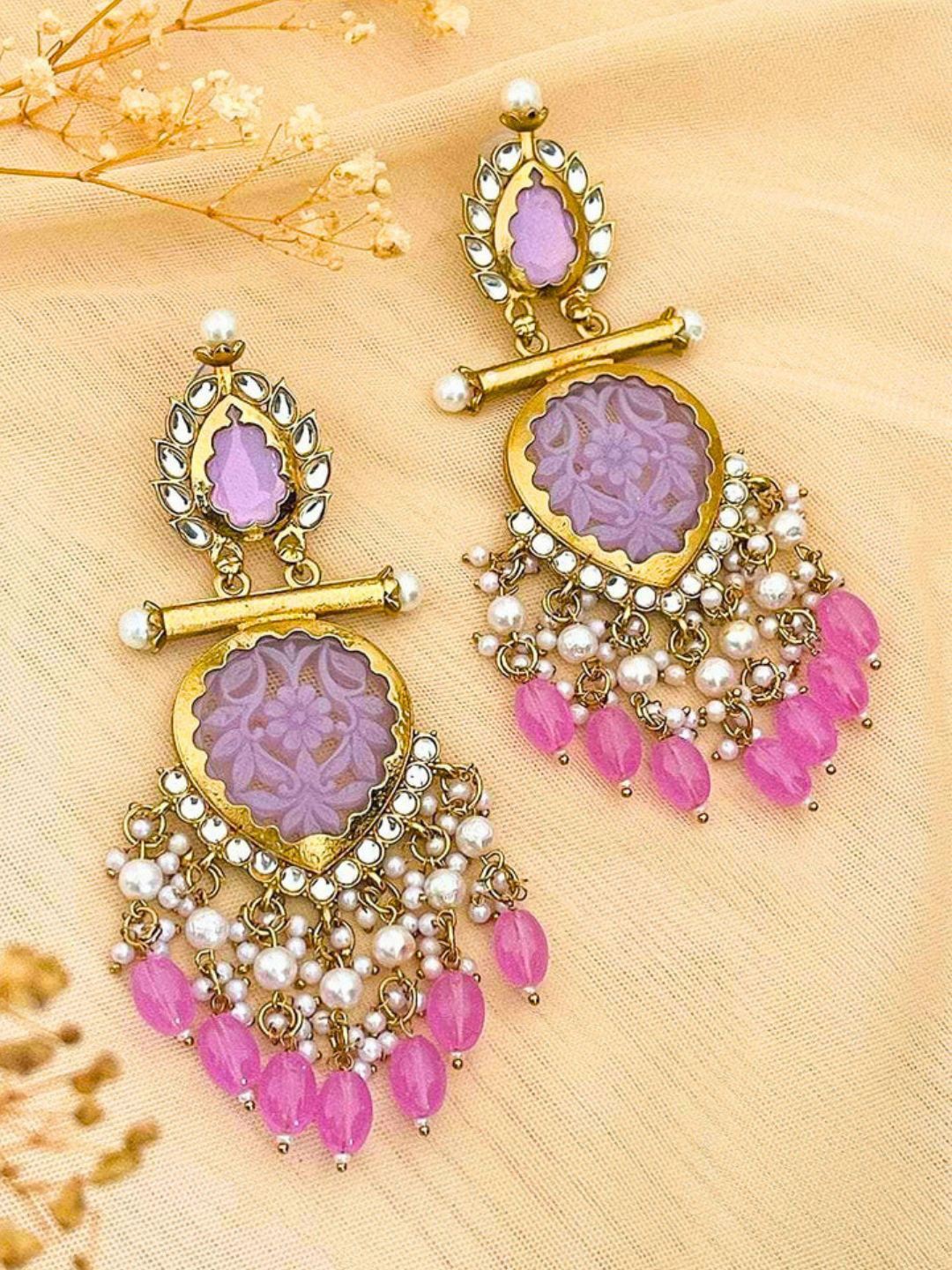 

Anouk Lavender Gold-Plated Kundan Studded Teardrop Shaped Meenakari Chandbalis