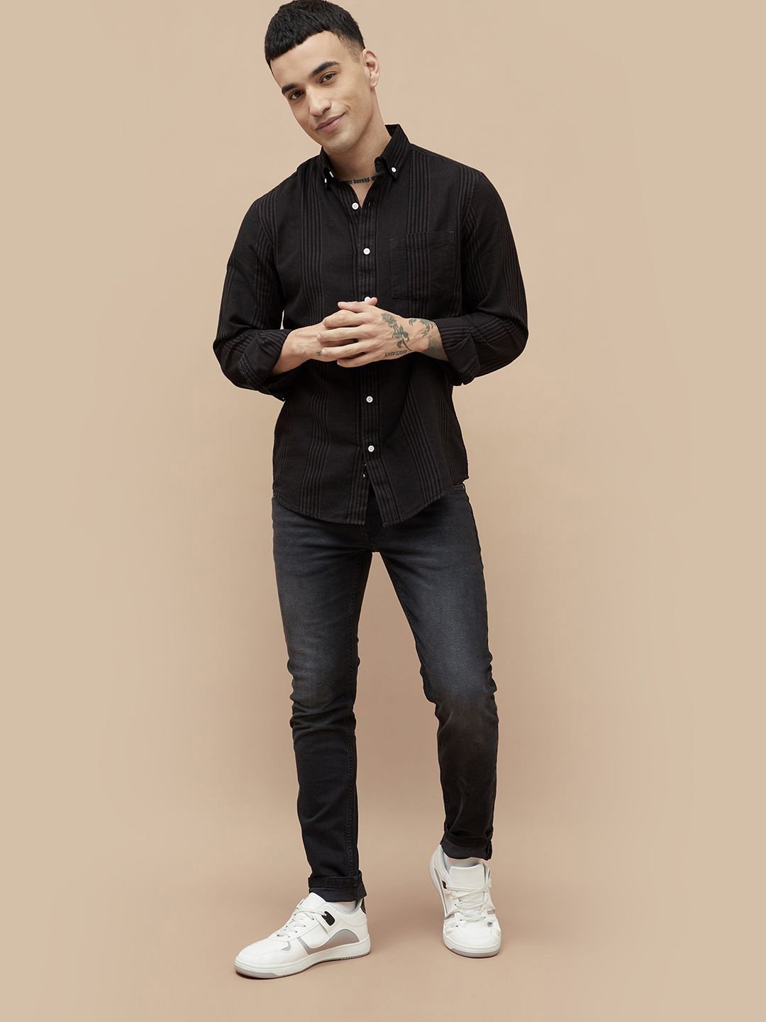 

Fame Forever by Lifestyle Men Button-Down Collar Vertical Striped Cotton Casual Shirt, Black