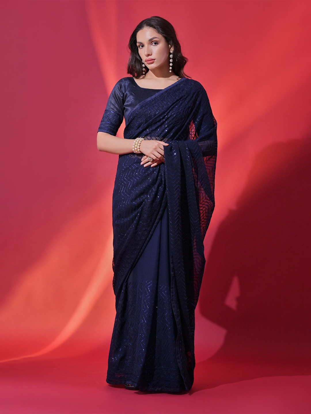 

Panzora Embellished Sequinned Saree, Navy blue