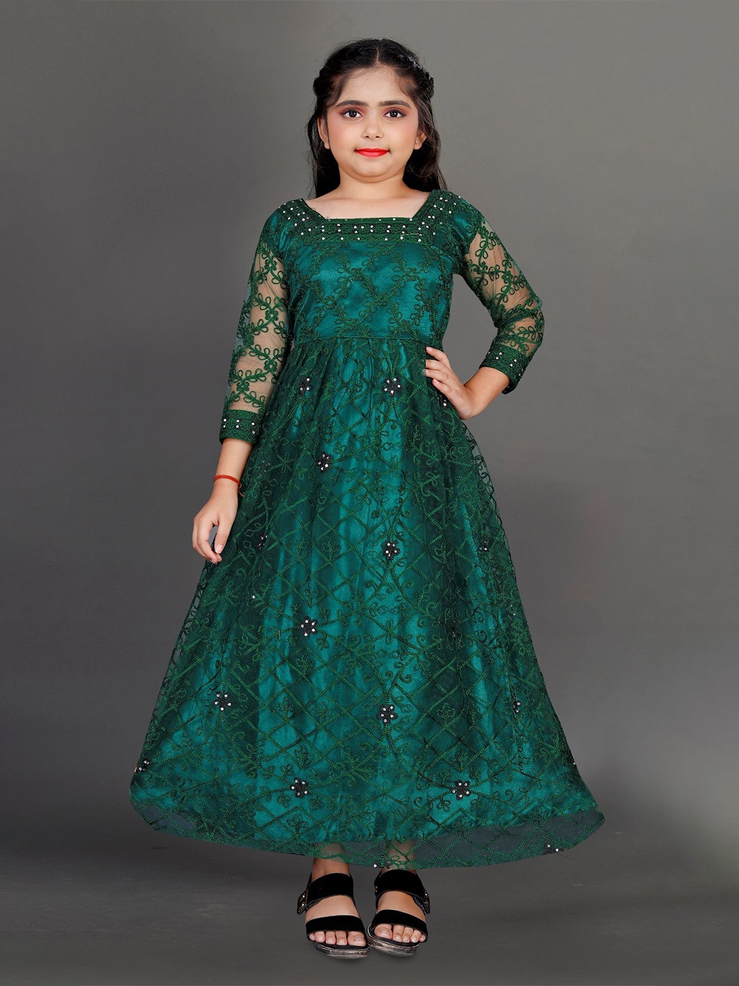 

JULEE Girls Ethnic Motifs Embroidered Net Maxi Dress, Green