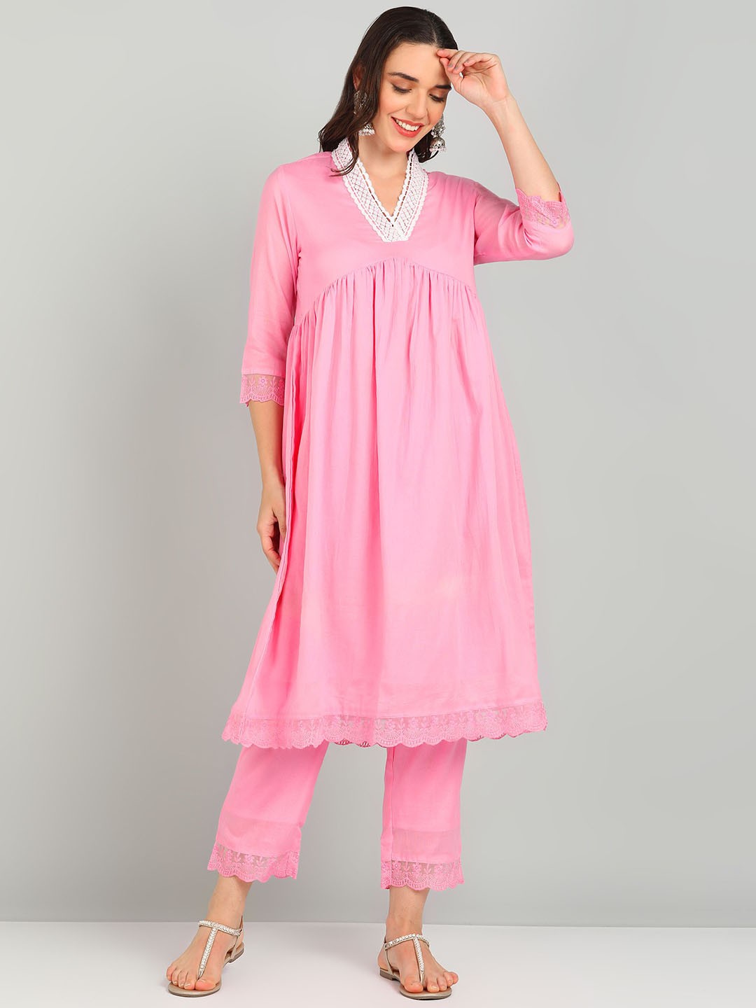 

Shiv ali apparels V Neck Thread Work Pure Cotton A Line Kurta with Trousers, Pink