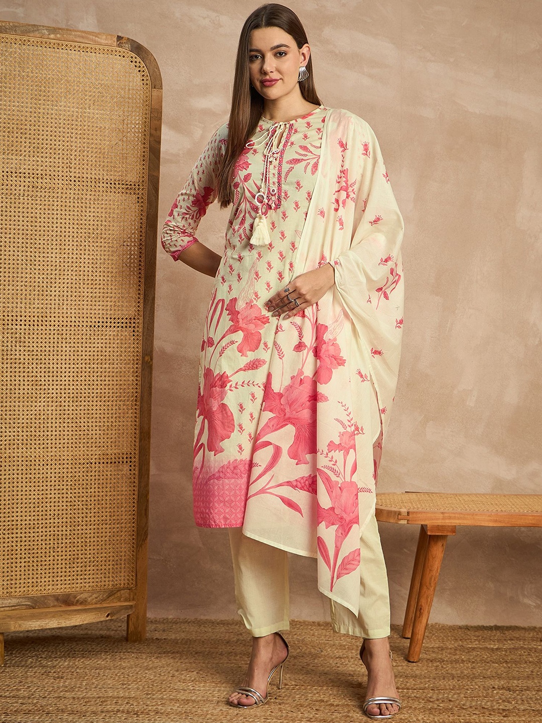 

all about you Printed Beads & Stones Pure Cotton Straight Kurta with Trousers & Dupatta, Cream