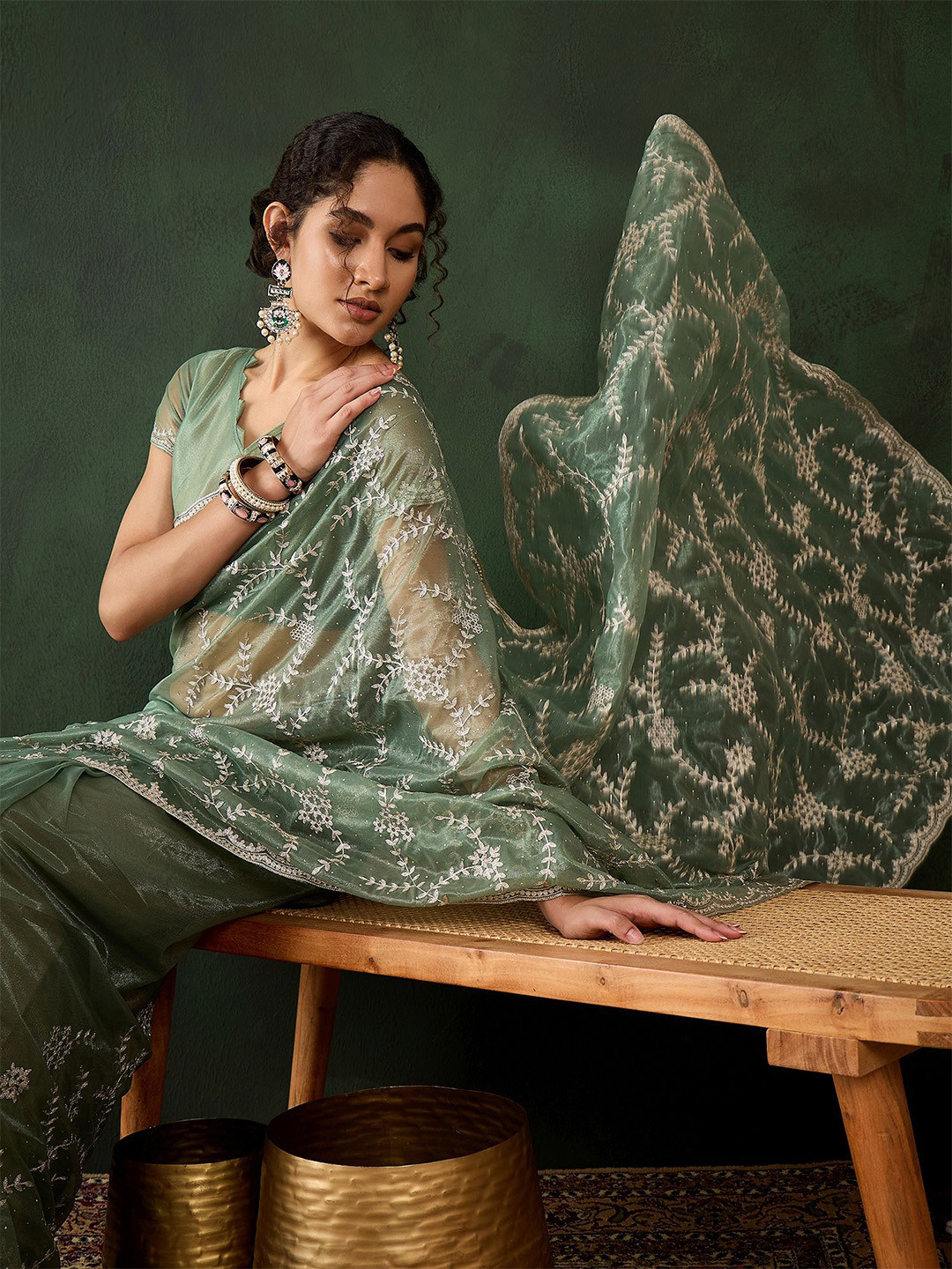 

Sangria Embroidered Saree With Blouse Piece, Sea green