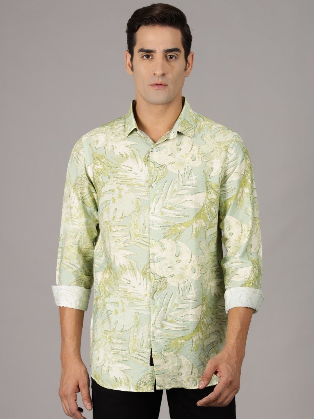 

Gavin Paris Men Original Spread Collar Floral Printed Cotton Casual Shirt, Green