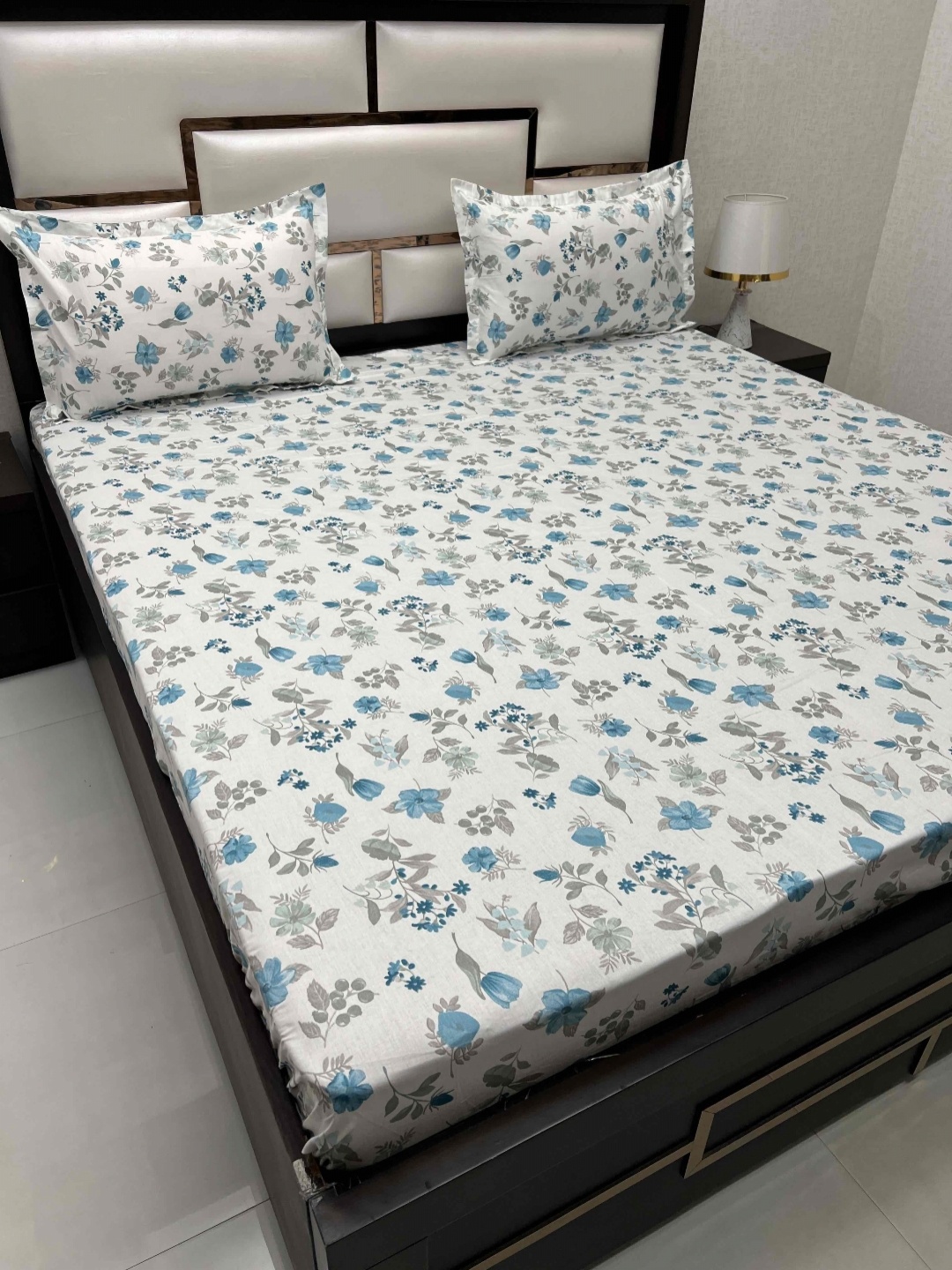 

Pure Decor White & Blue Floral Cotton 300 TC King Bedsheet with 2 Pillow Covers