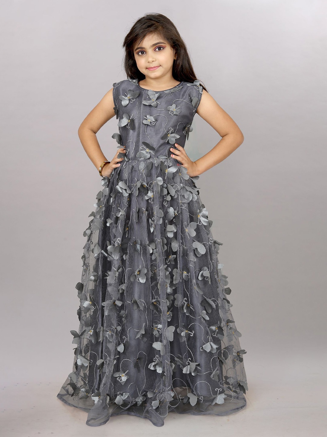 

LADY SHOPI Girls Embroidered Net Gown Maxi Dress, Grey