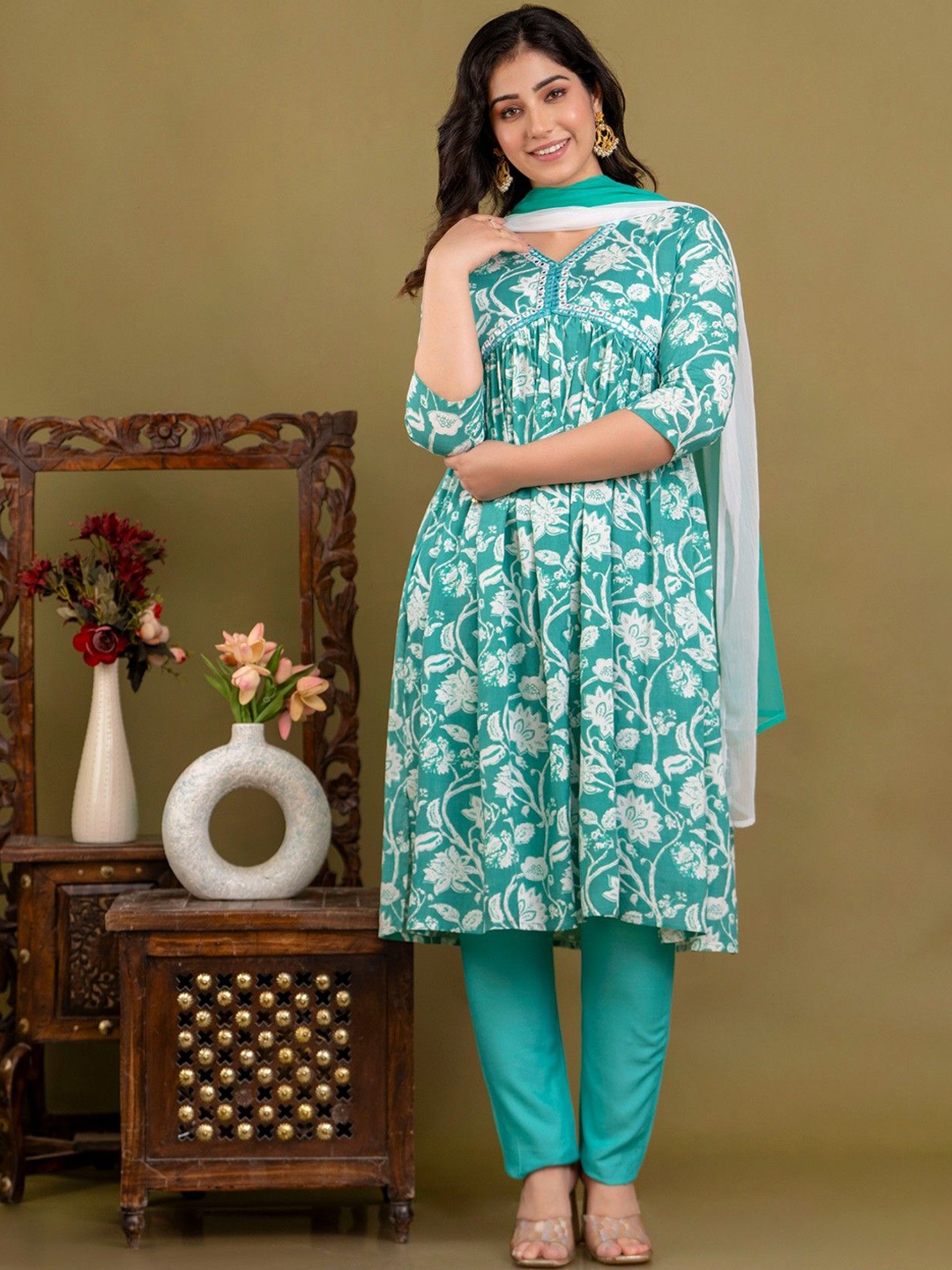 

KALINI Floral Embroidered V-Neck Empire Mirror Work A-Line Kurta With Trousers & Dupatta, Green