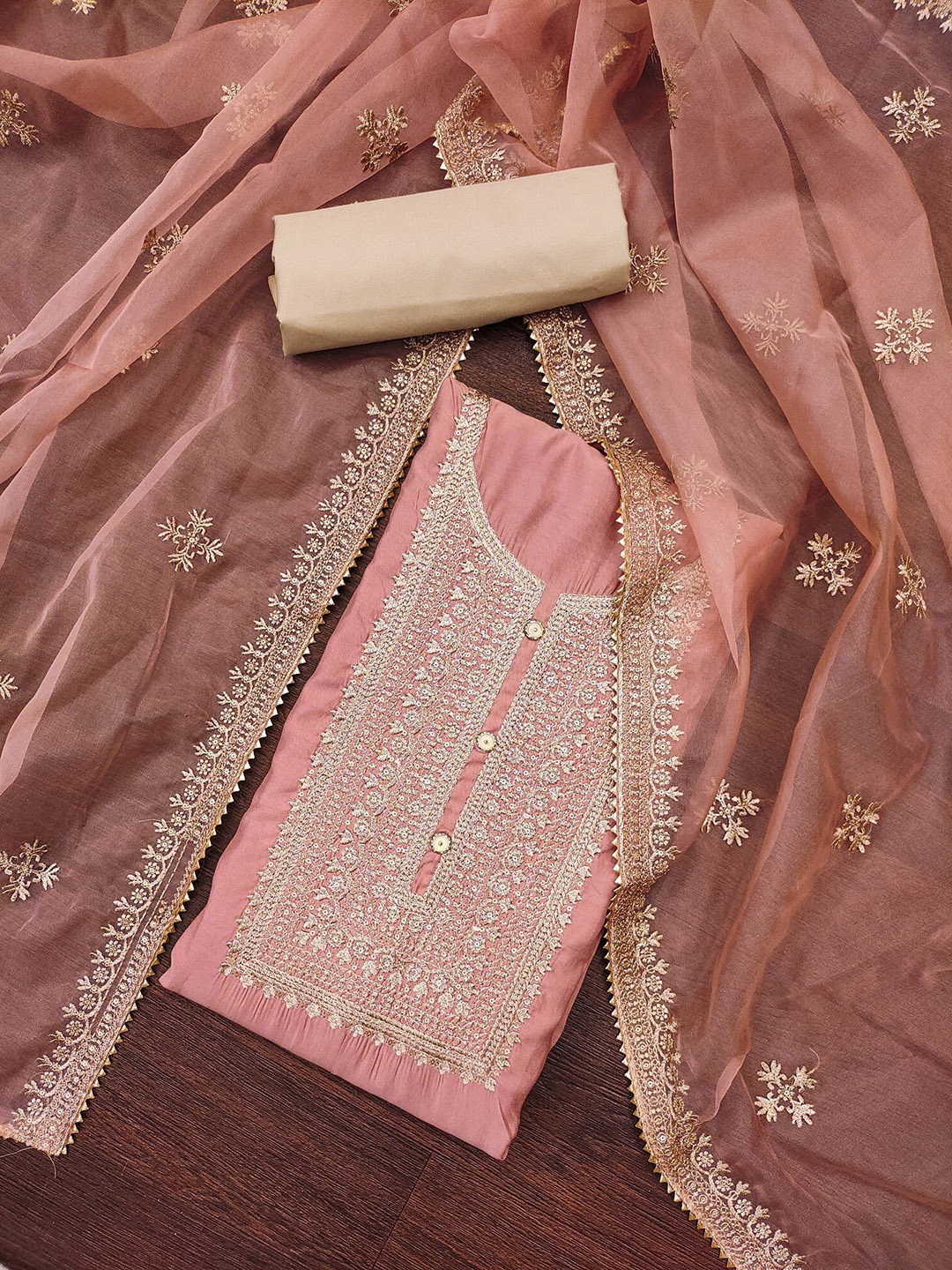 

Ishin Embroidered Pure Silk Unstitched Dress Material, Peach