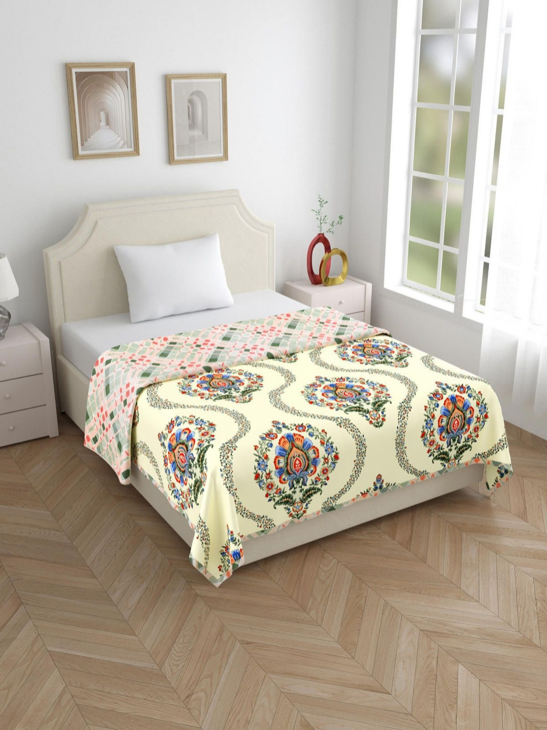

Salona Bichona Mystic Yellow & Blue Ethnic Motifs AC Room 150 GSM Flannel Single Bed Dohar