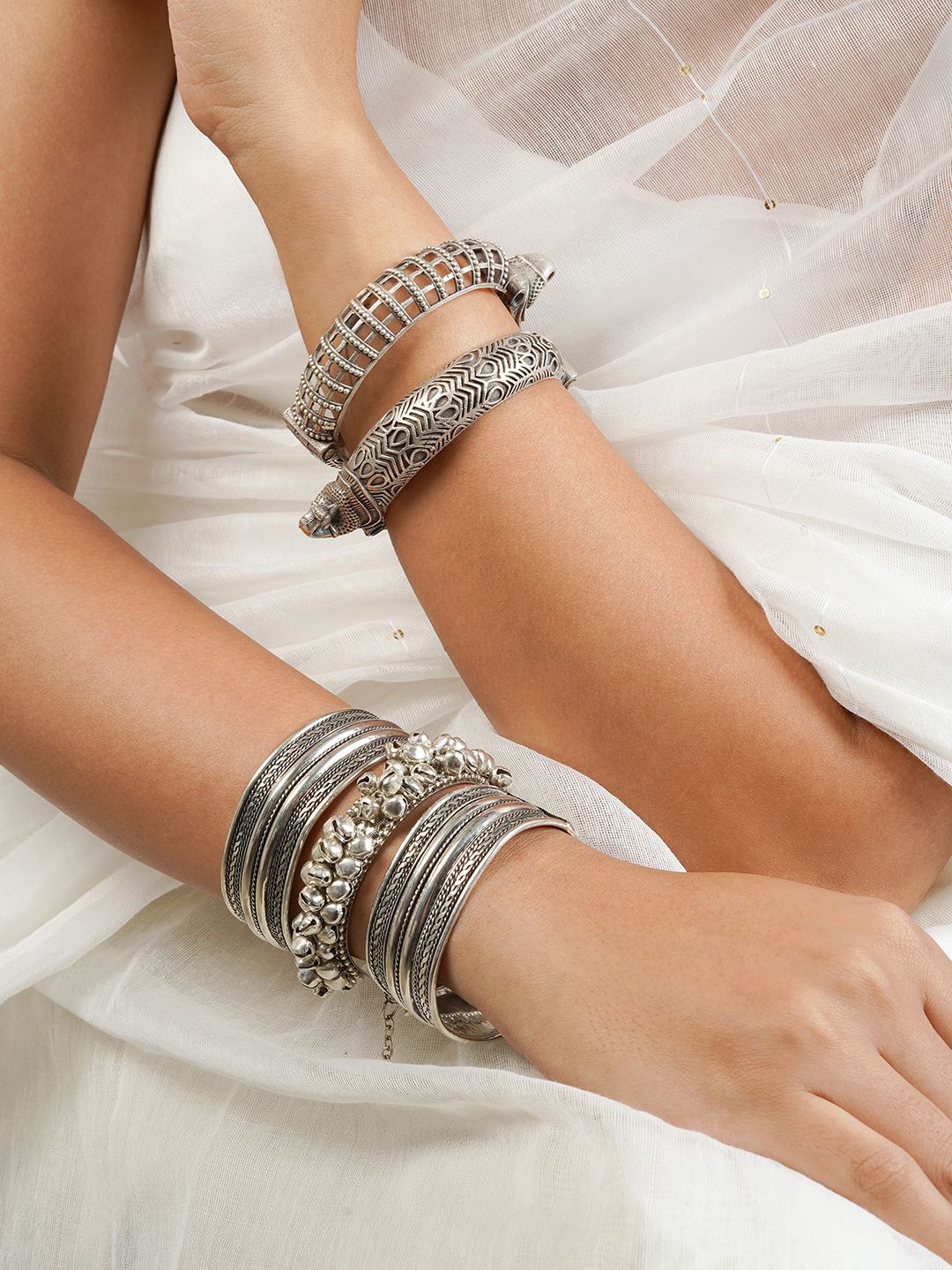 

TEEJH Set Of 5 Oxidised Reyani Stacked Bracelets, Silver