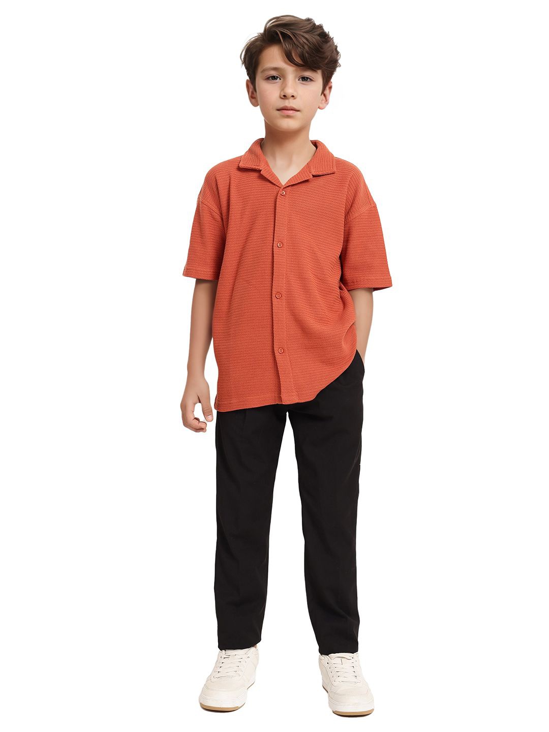 

Rare Ones Boys Cuban Collar Jacquard Shirt, Rust