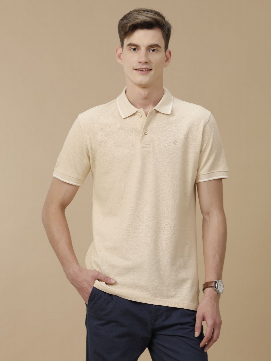 

CAVALLO by Linen Club Men Solid Polo Collar Slim Fit T-shirt, Beige
