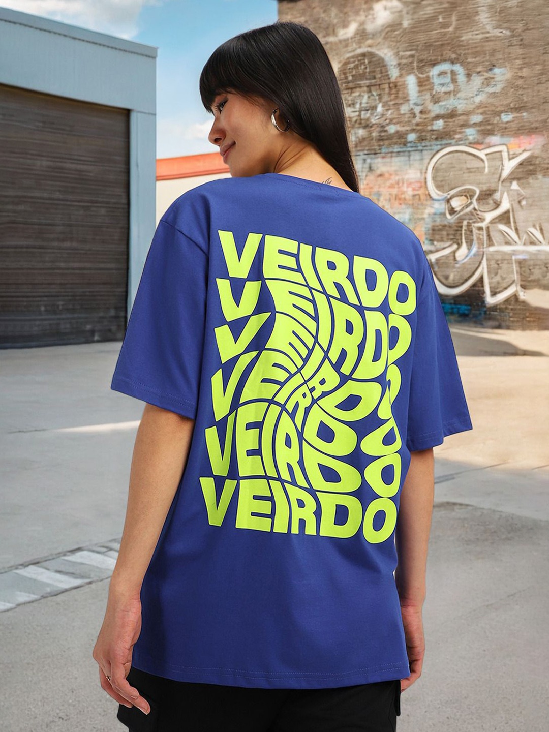 

VEIRDO Women Typography Printed Round Neck Pure Cotton Oversized T-shirt, Blue