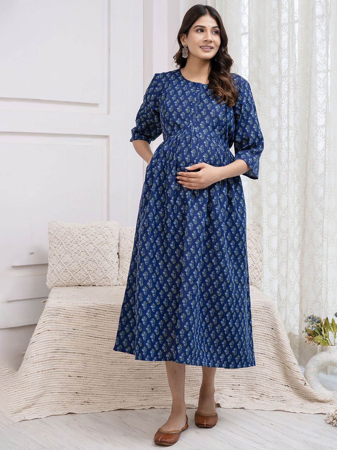 

Nayo Women's Ethnic Motifs Print Maternity Maxi Dress, Blue