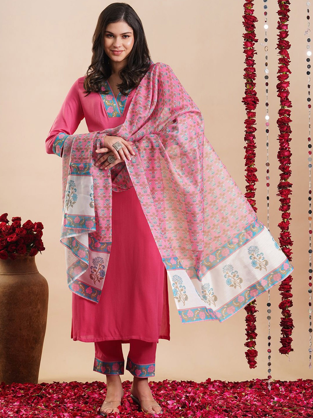 

KALINI Floral Sreaight Kurta with Trousers & With Dupatta, Pink