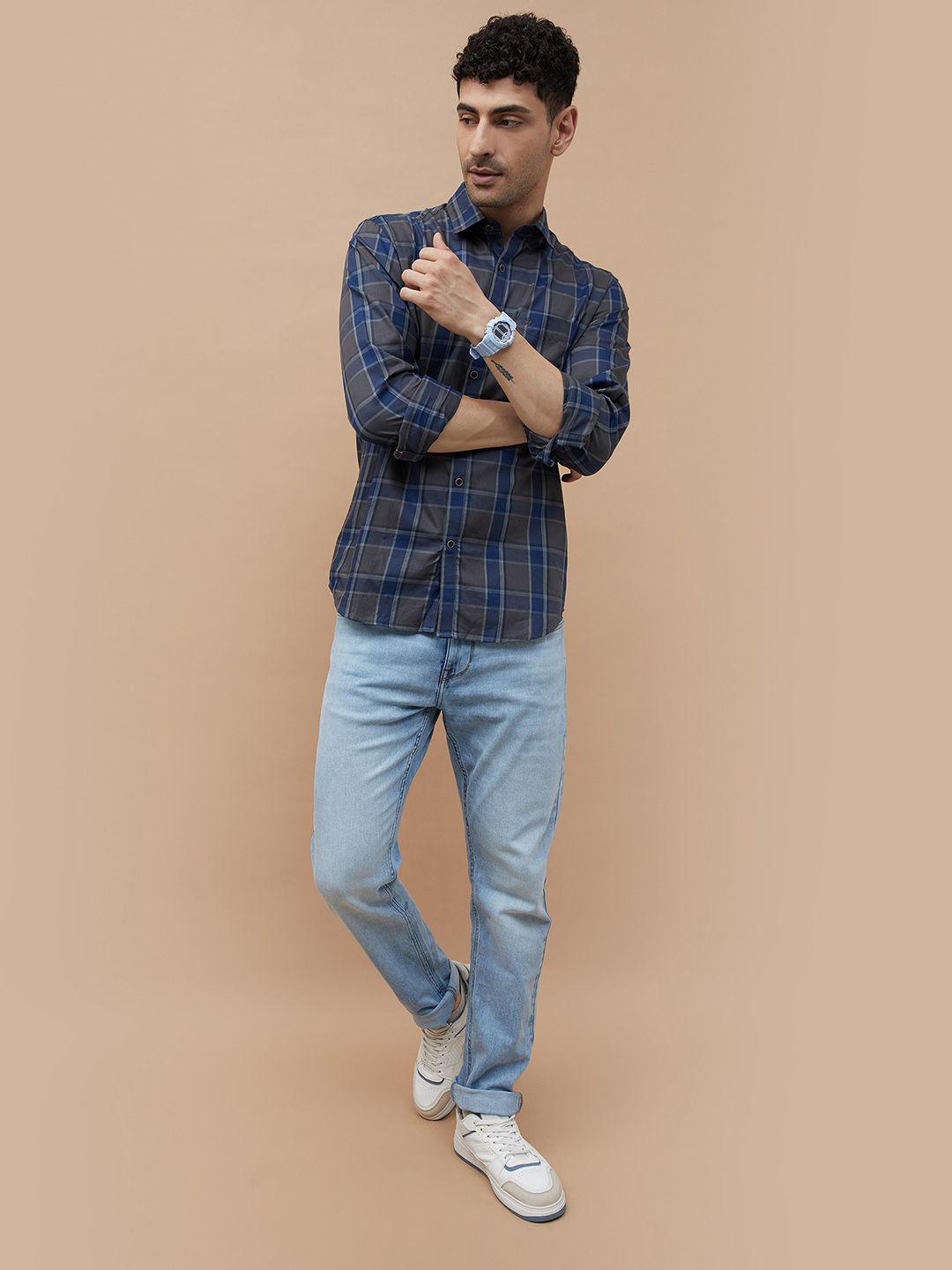 

CODE by Lifestyle Men Spread Collar Tartan Checked Cotton Casual Shirt, Grey