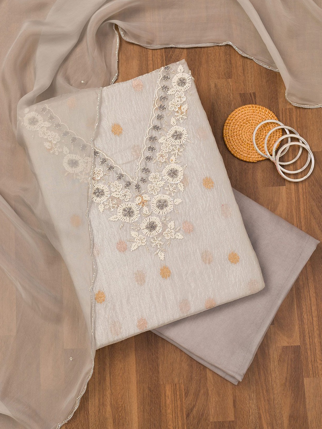 

Koskii Embroidered Zari Organza Unstitched Dress Material, Grey