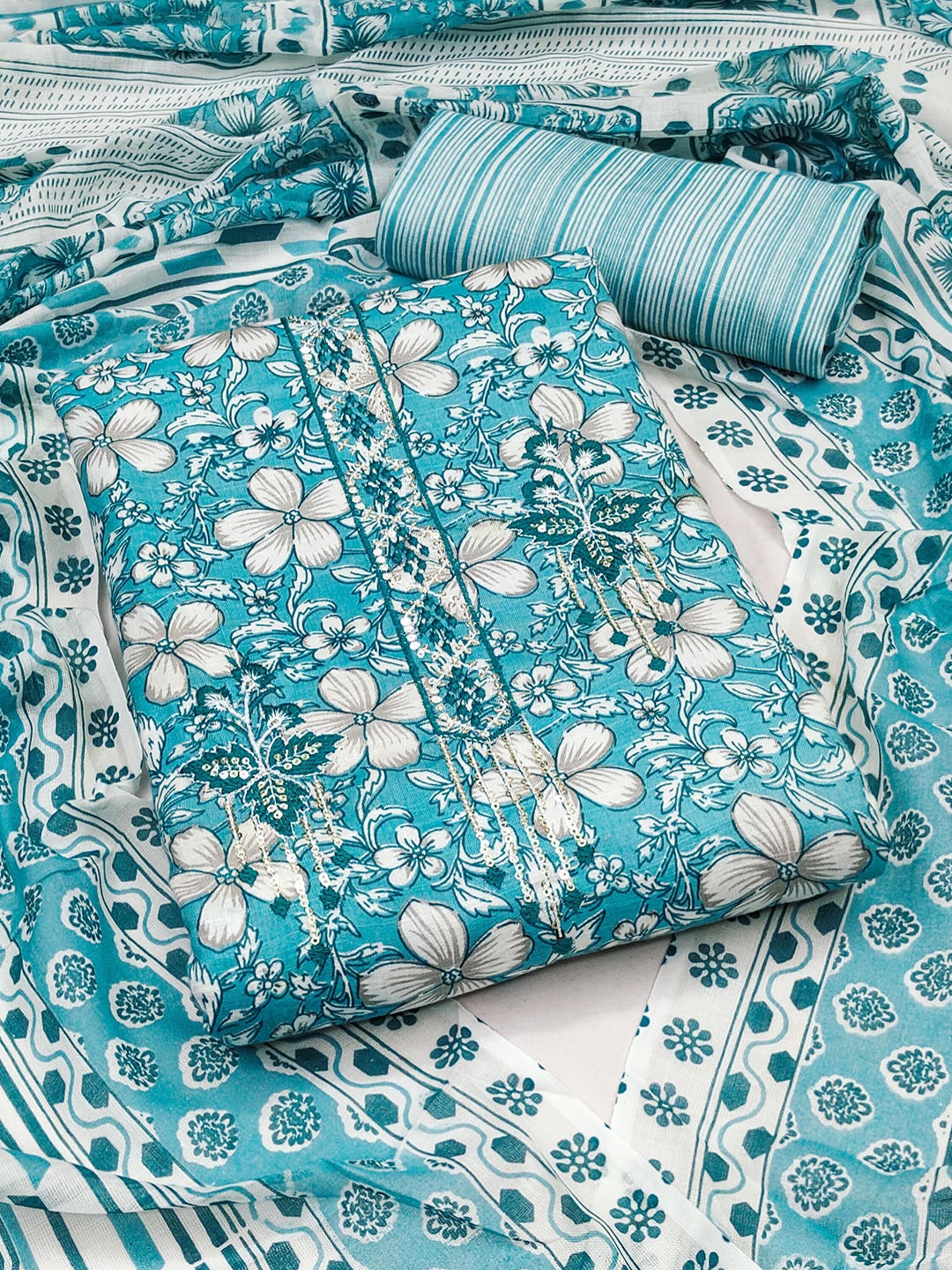 

Ishin Floral Printed Pure Cotton Unstitched Dress Material, Blue