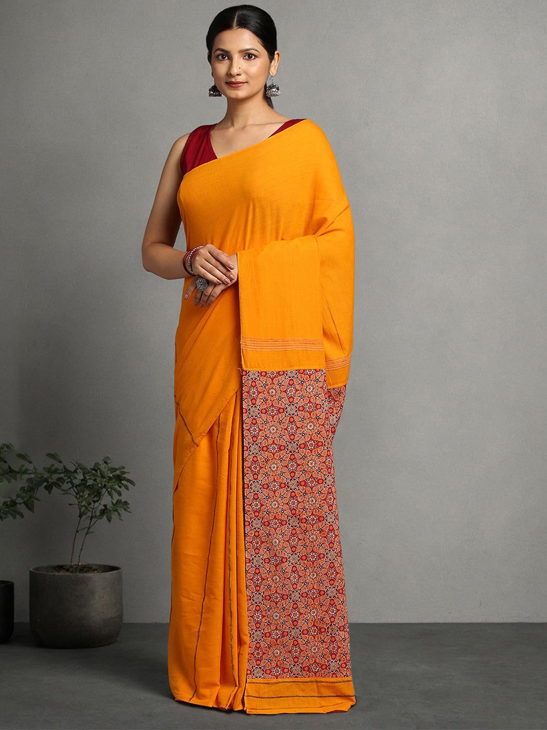 

ArtEastri Ajrak Print Khesh Cotton Saree with Blouse Piece, Yellow