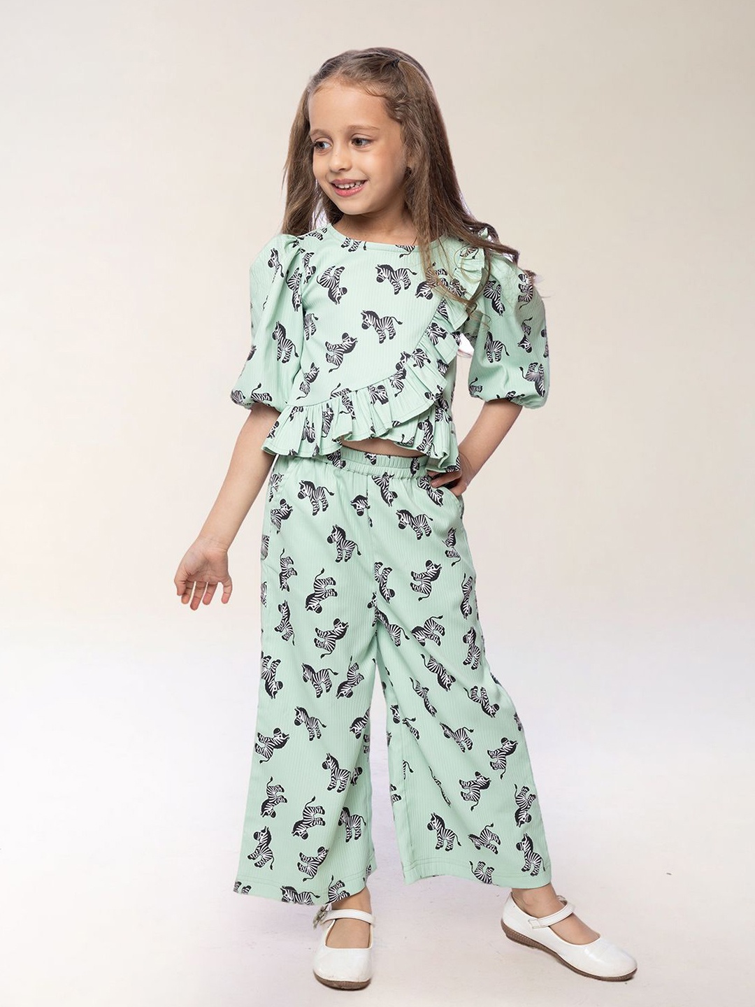 

BAESD Girls Printed Top With Palazzos, Green