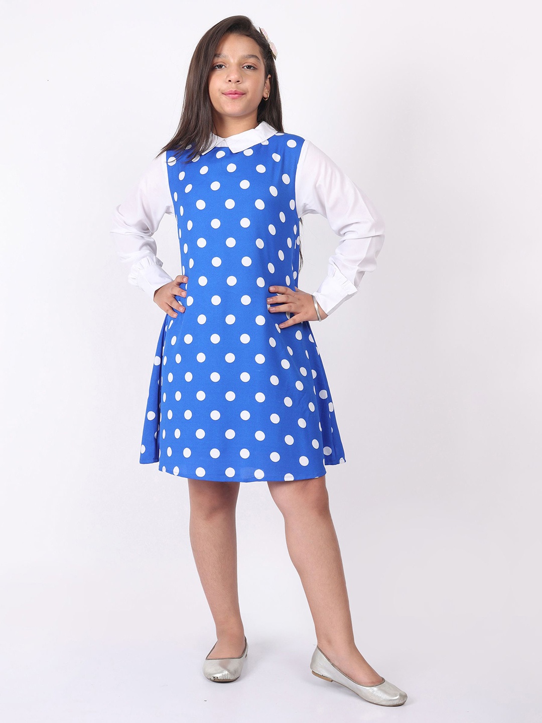 

SILK SPARROW Girls Polka Dot Printed A-Line Dress, Blue