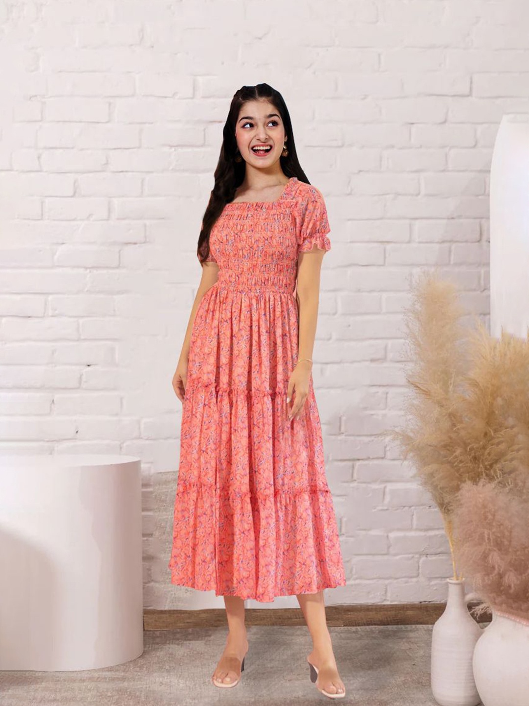

Kedar Fab Floral Print Puff Sleeve Fit & Flare Dress, Pink
