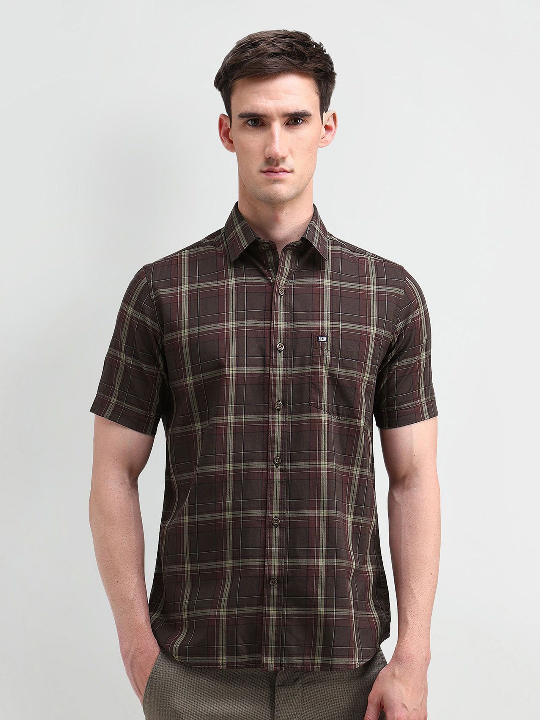 

Arrow Sport Men Classic Spread Collar Tartan Checked Cotton Casual Shirt, Brown