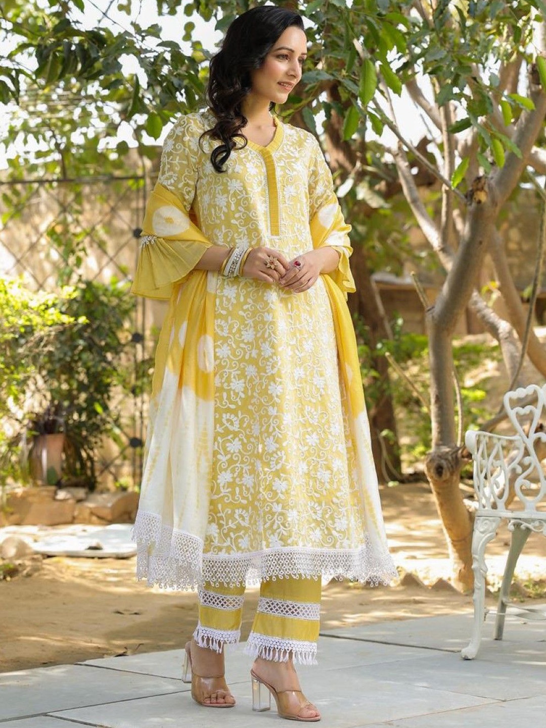 

AUTUMN LANE Floral Embroidered Regular Pure Cotton Anarkali Kurta with Palazzos & Dupatta, Yellow