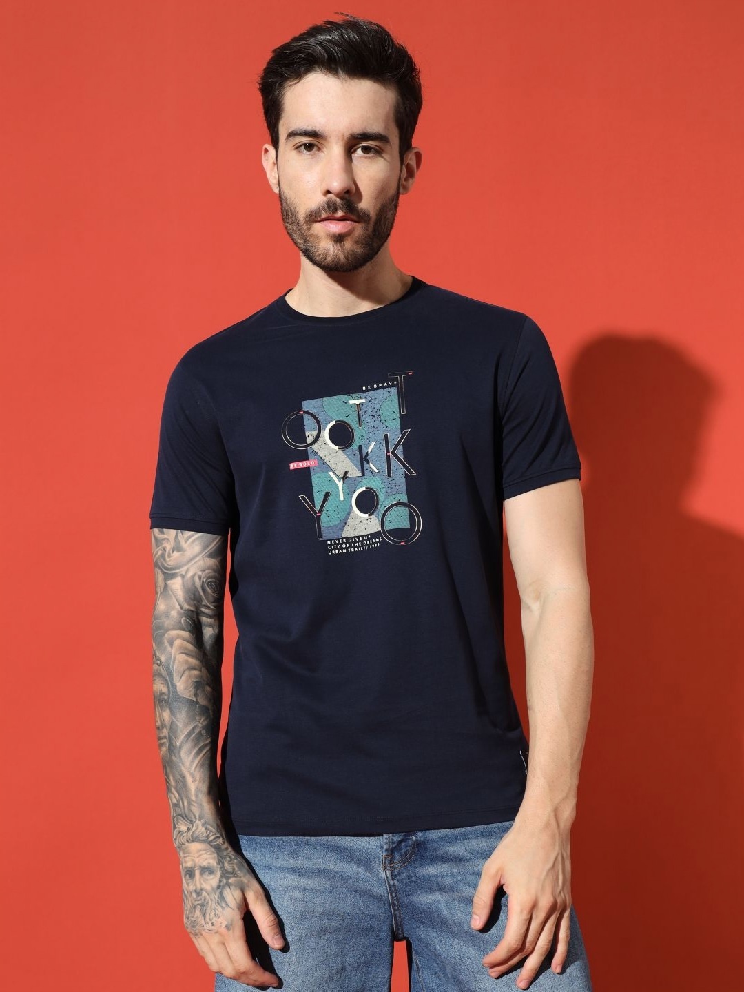 

URBAN TRAIL Men Graphic Printed Round Neck Cotton T-shirt, Navy blue