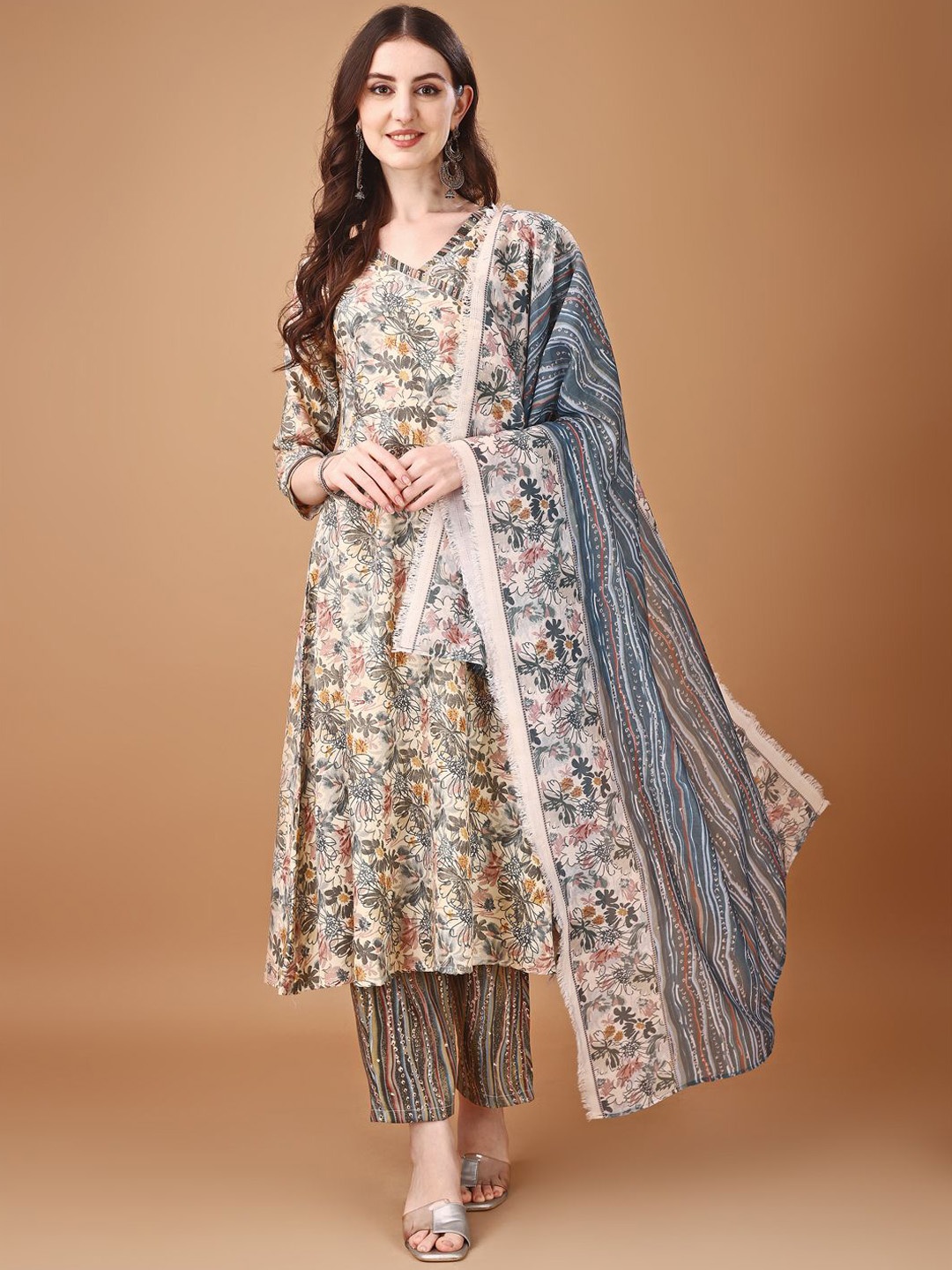

KALINI Floral Printed V-Neck Anarkali Kurta With Palazzos & Dupatta, Grey