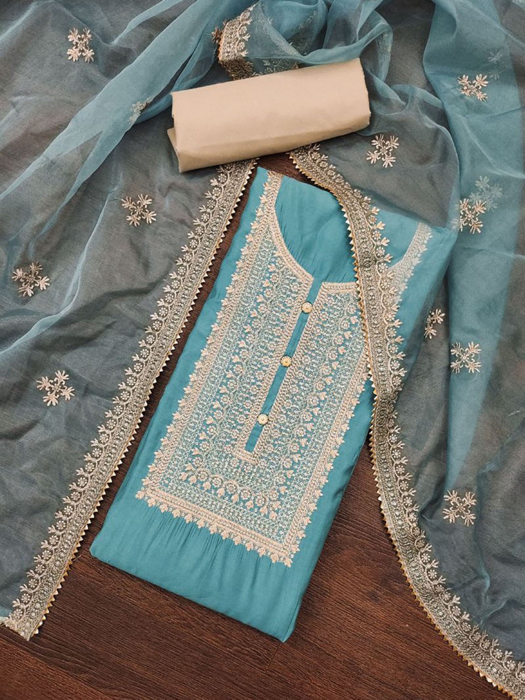 

ASISA Ethnic Motifs Embroidered Beads and Stones Pure Silk Unstitched Dress Material, Blue