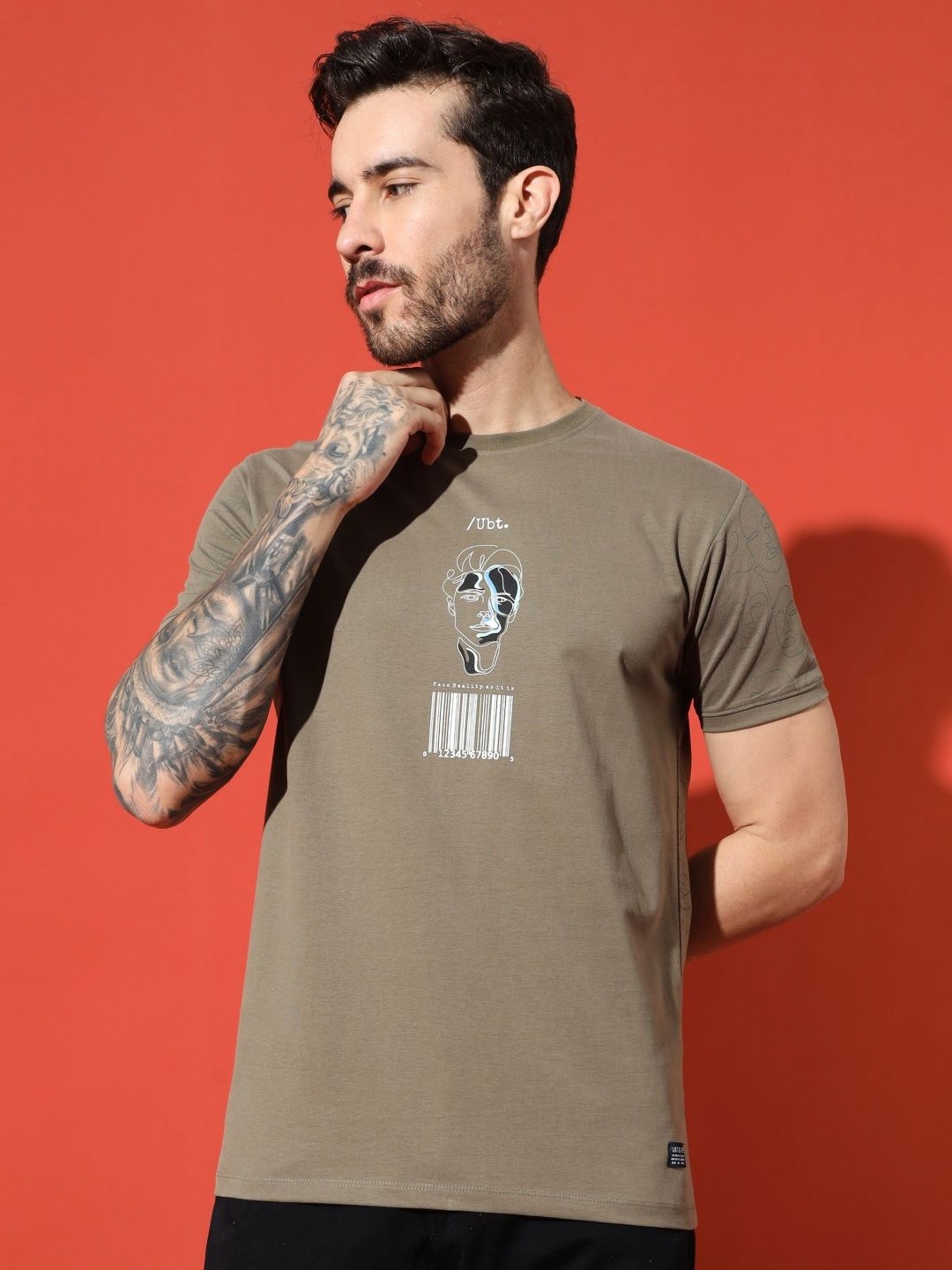 

URBAN TRAIL Men Typography Printed Round Neck Cotton T-shirt, Beige