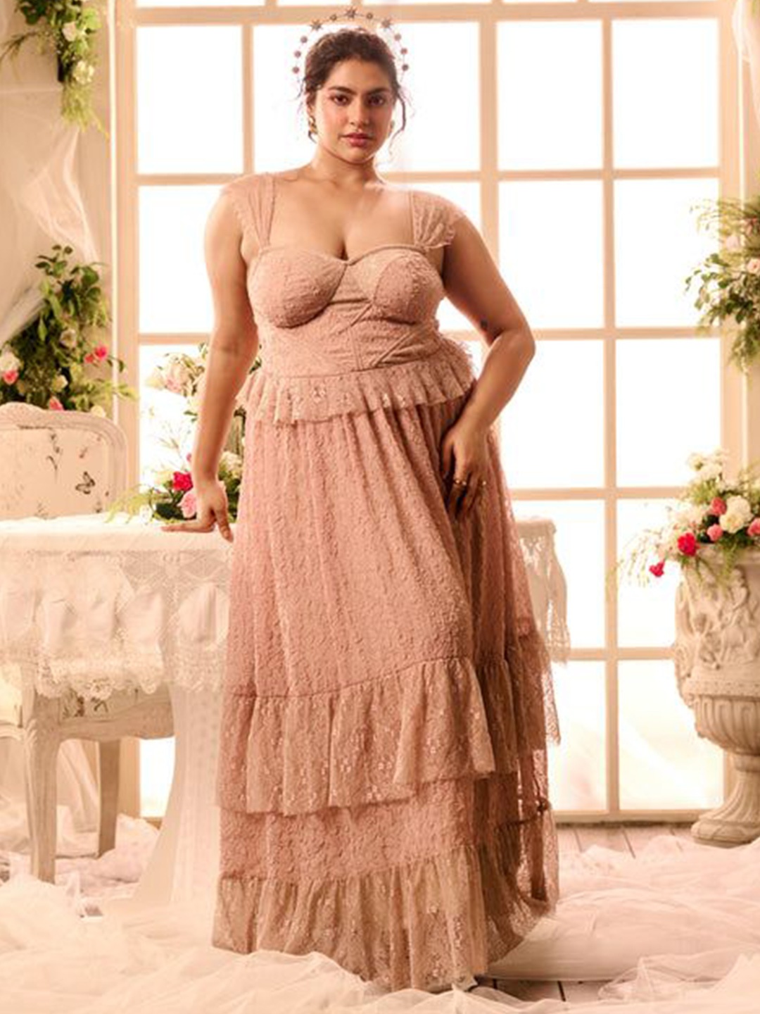 

Lea Clothing Co. Women Lace Fit & Flare Layered Maxi Dress, Pink
