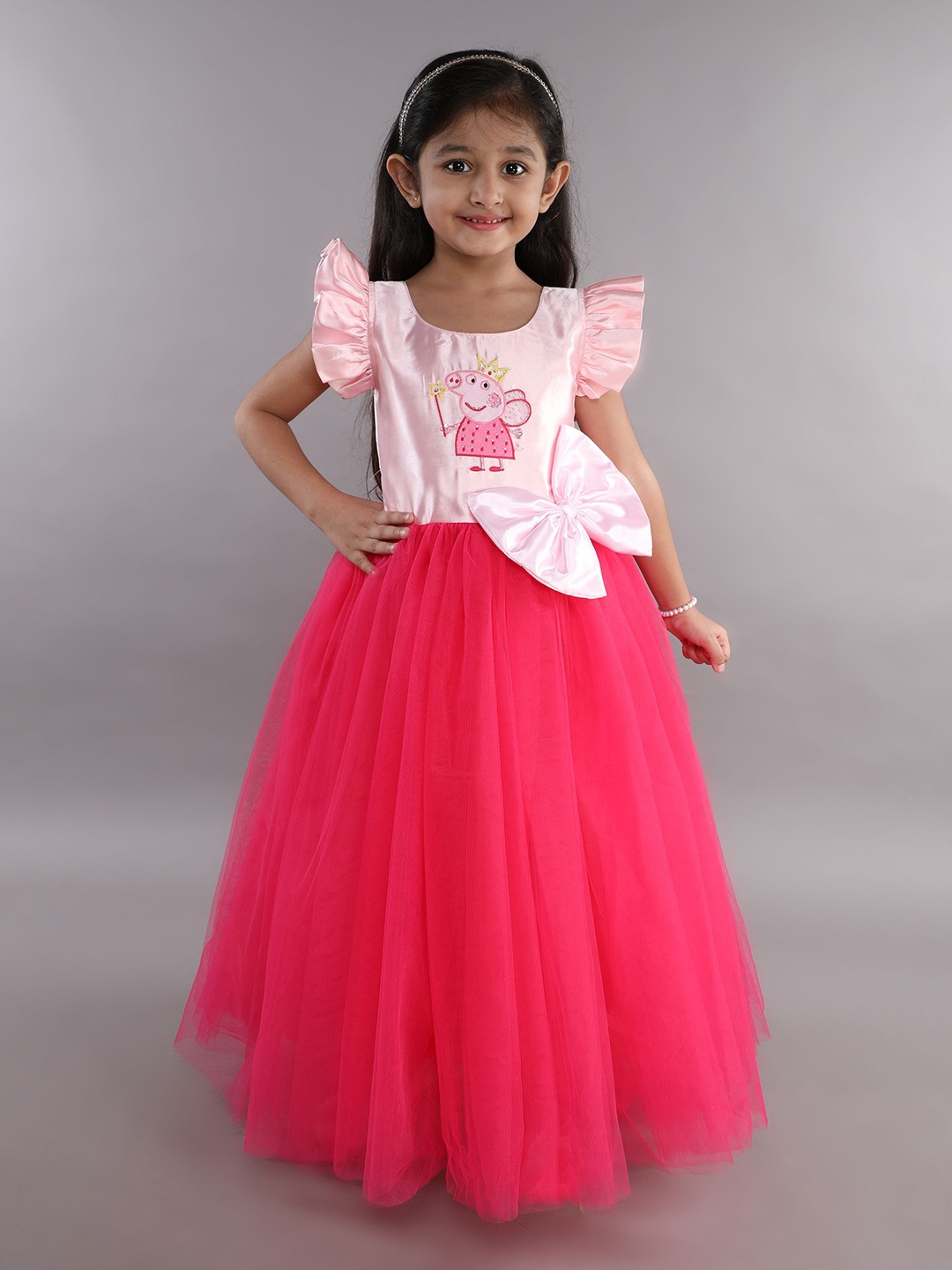 

Pink Chick Girls Flutter Sleeve Net Fit & Flare Maxi Dress