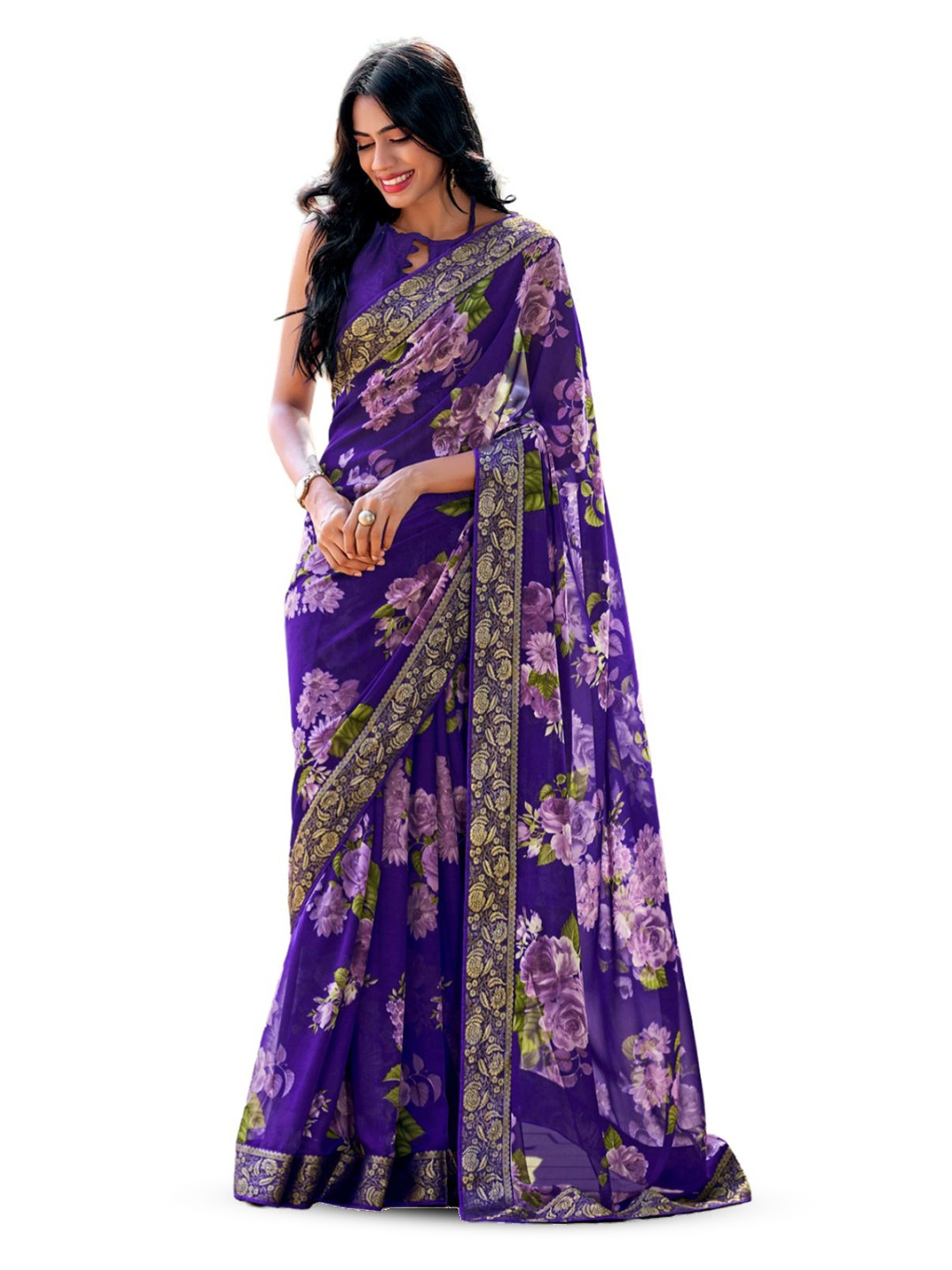 

CHUDIYA Floral Zari Pure Georgette Saree, Purple