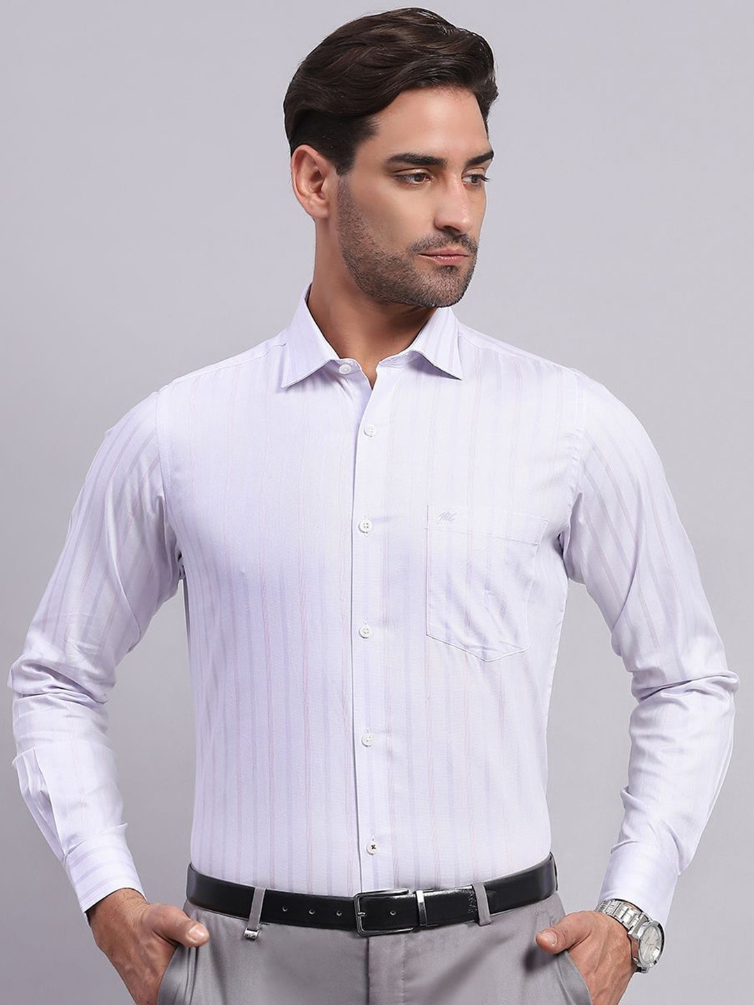 

Monte Carlo Men Spread Collar Vertical Striped Cotton Casual Shirt, Purple