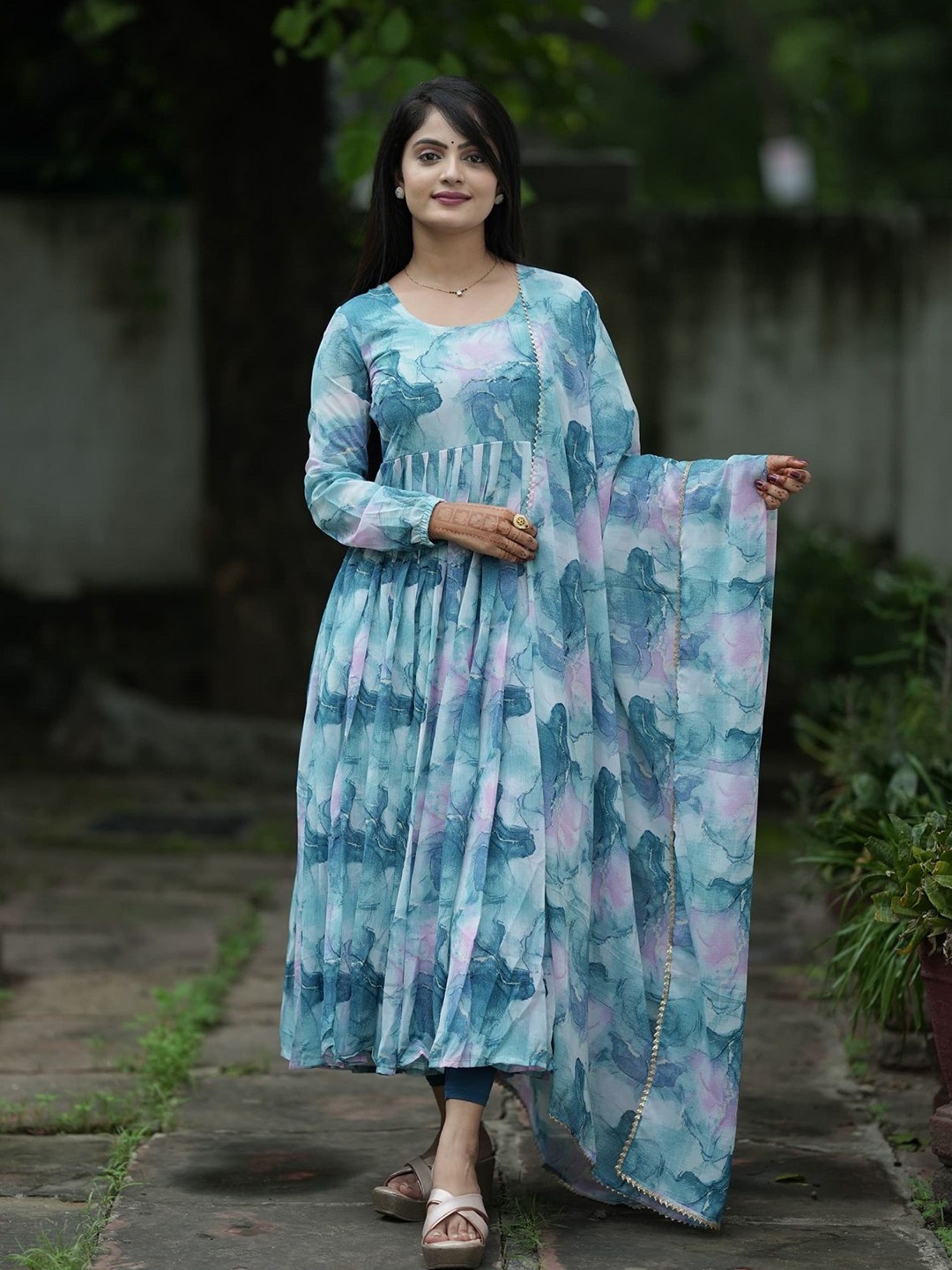 

APNISHA Floral Print Flared Sleeve Georgette Fit & Flare Maxi Dress, Multi