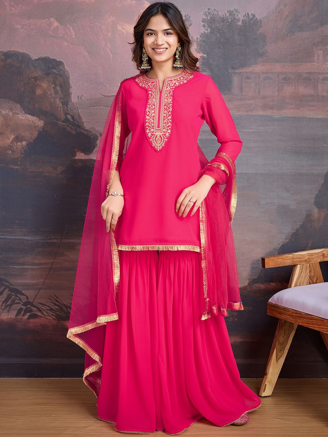 

House of Pataudi Floral Embroidered Notch Neck Georgette Kurta & Sharara With Dupatta, Pink