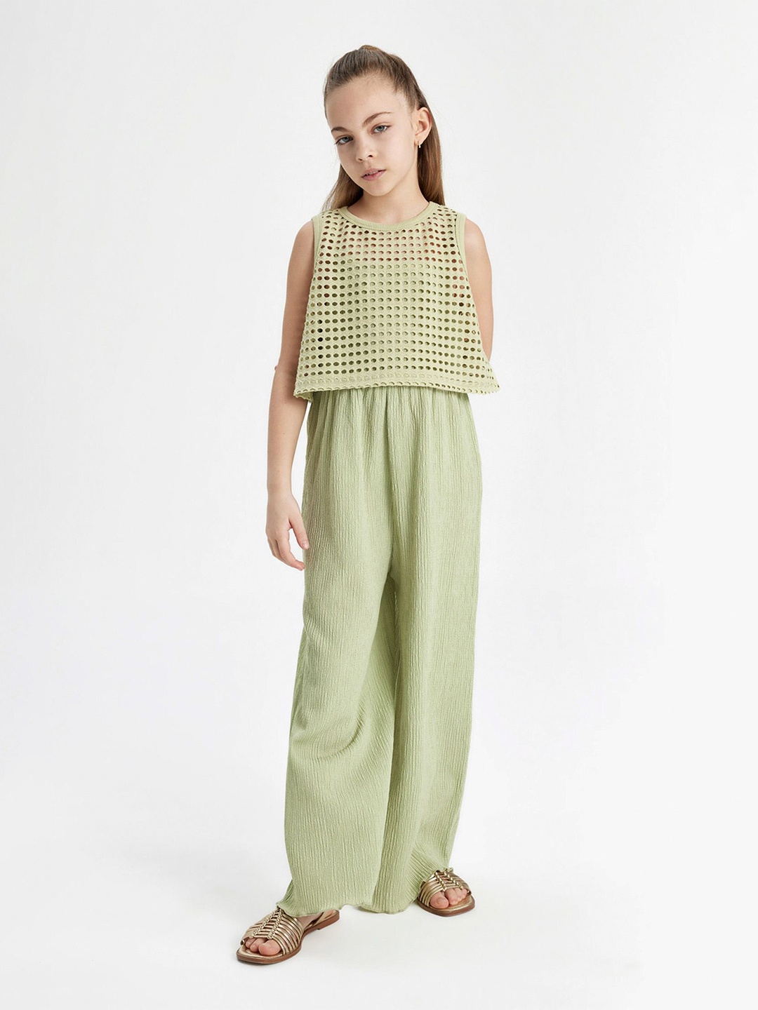 

DeFacto Girls Culotte Round Neck Solid Jumpsuit, Green