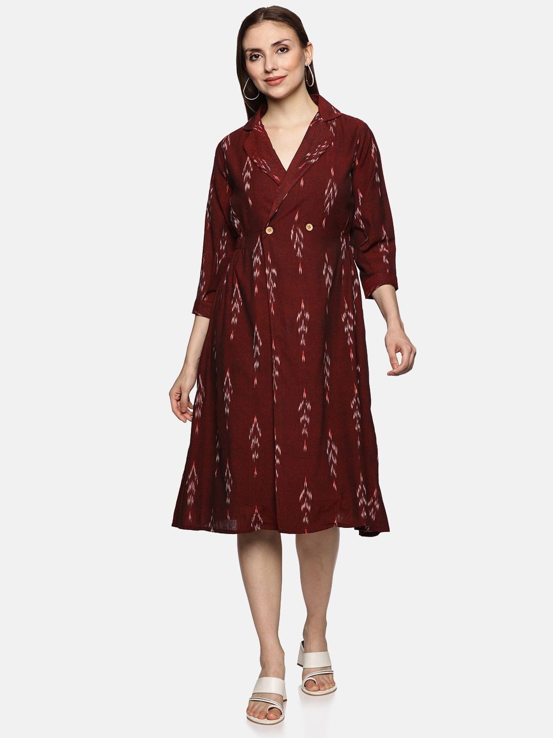 

Indyvarna Solid Printed A-Line Dress, Maroon