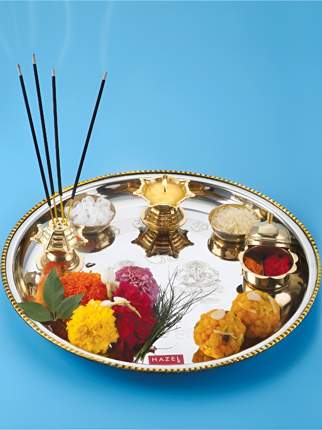 

HAZEL Silver Toned & Gold Toned 6 Pieces Stainless Steel Pooja Aarti Thali