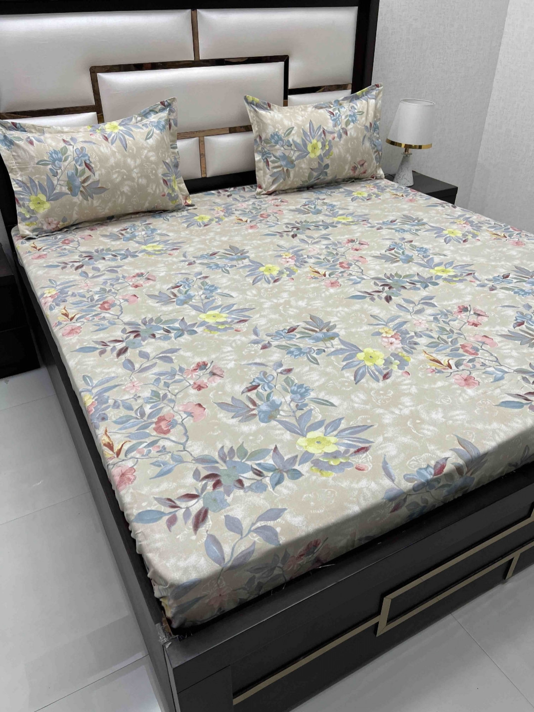

Pure Decor Amulya Beige & Blue Printed 240 TC Microfiber Double Queen Bedsheet Set